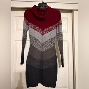 BCX Sweater Dress Small Red Gray Chevron Cowl Neck Bodycon Knit